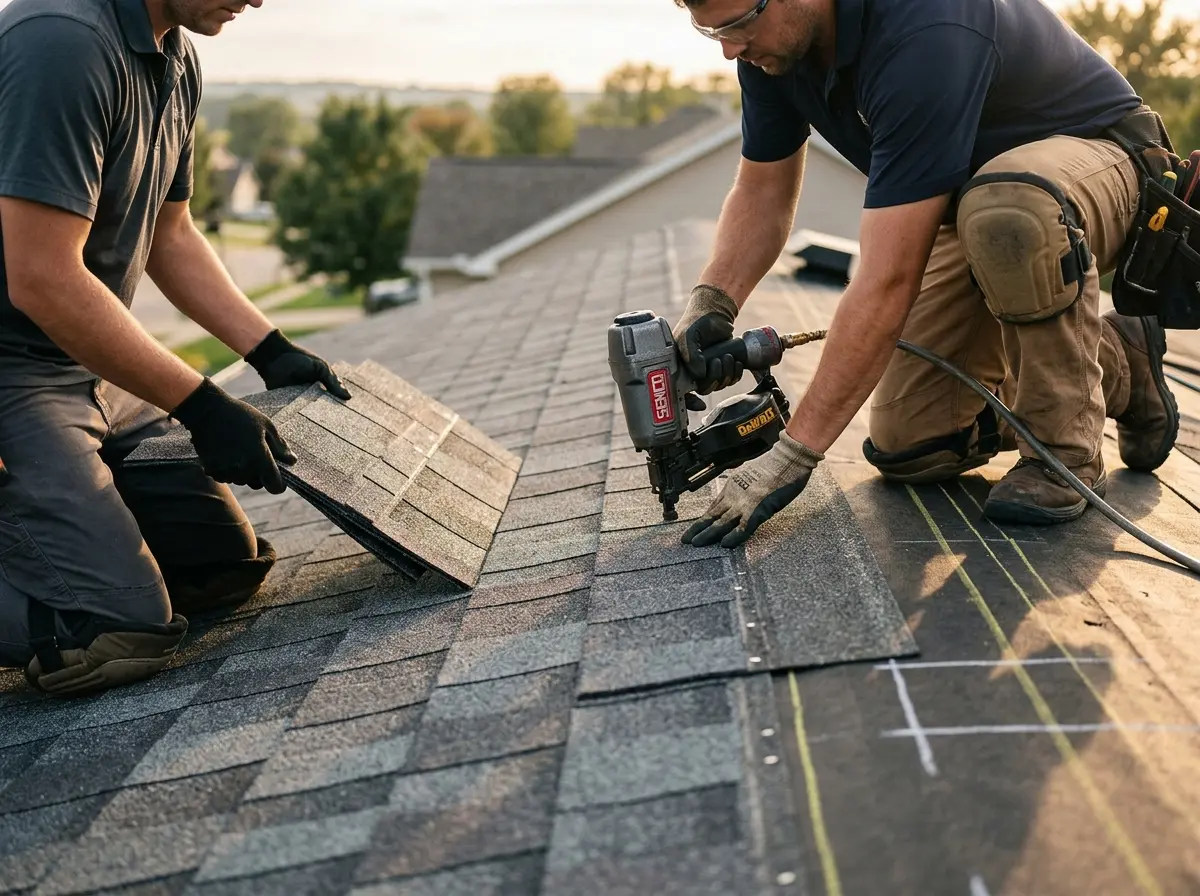 Professional roofer working on a residential roof in Williamsburg